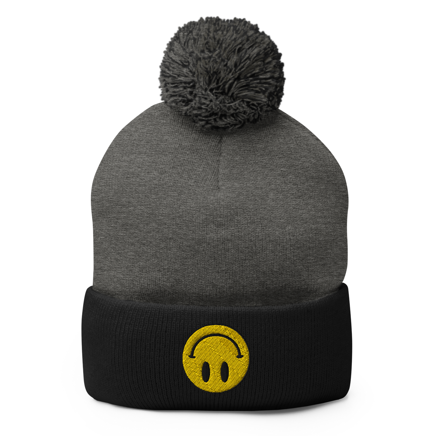 Upside Down Smiley pom-pom beanie