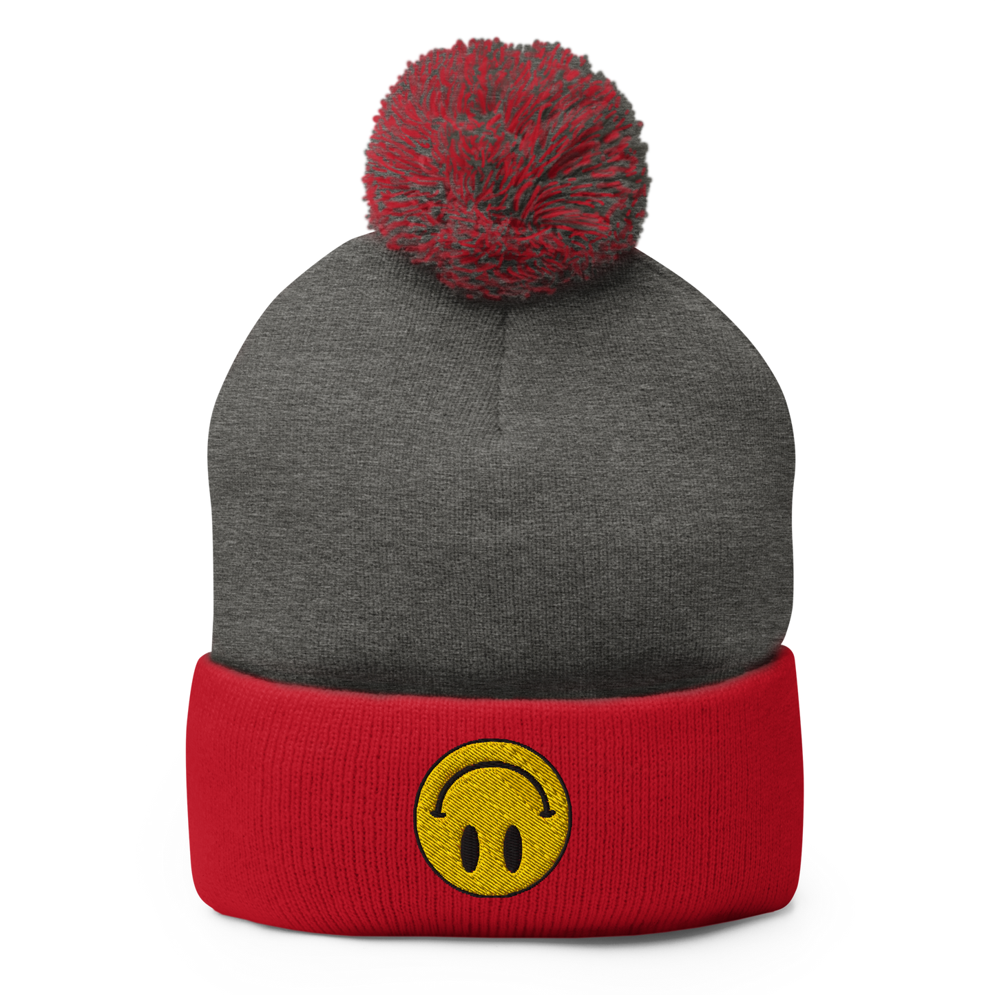 Upside Down Smiley pom-pom beanie