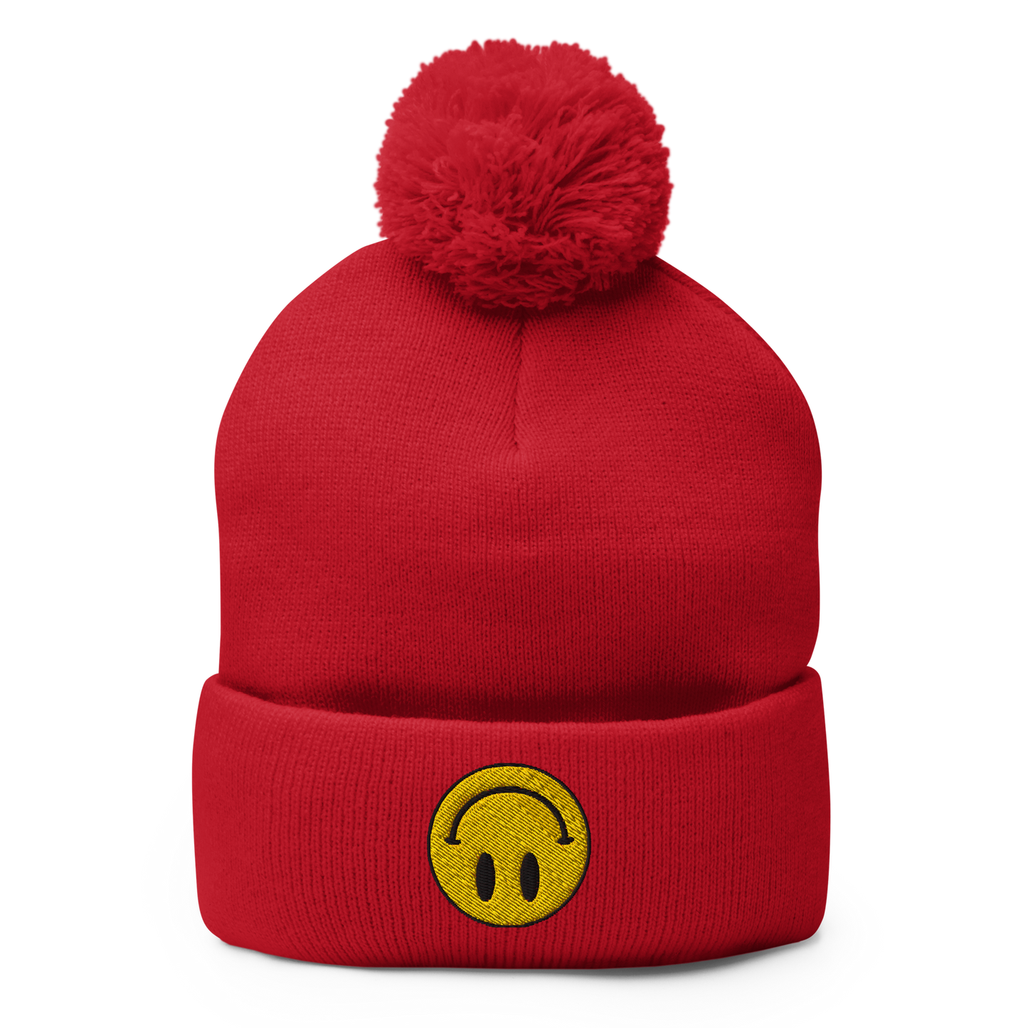 Upside Down Smiley pom-pom beanie