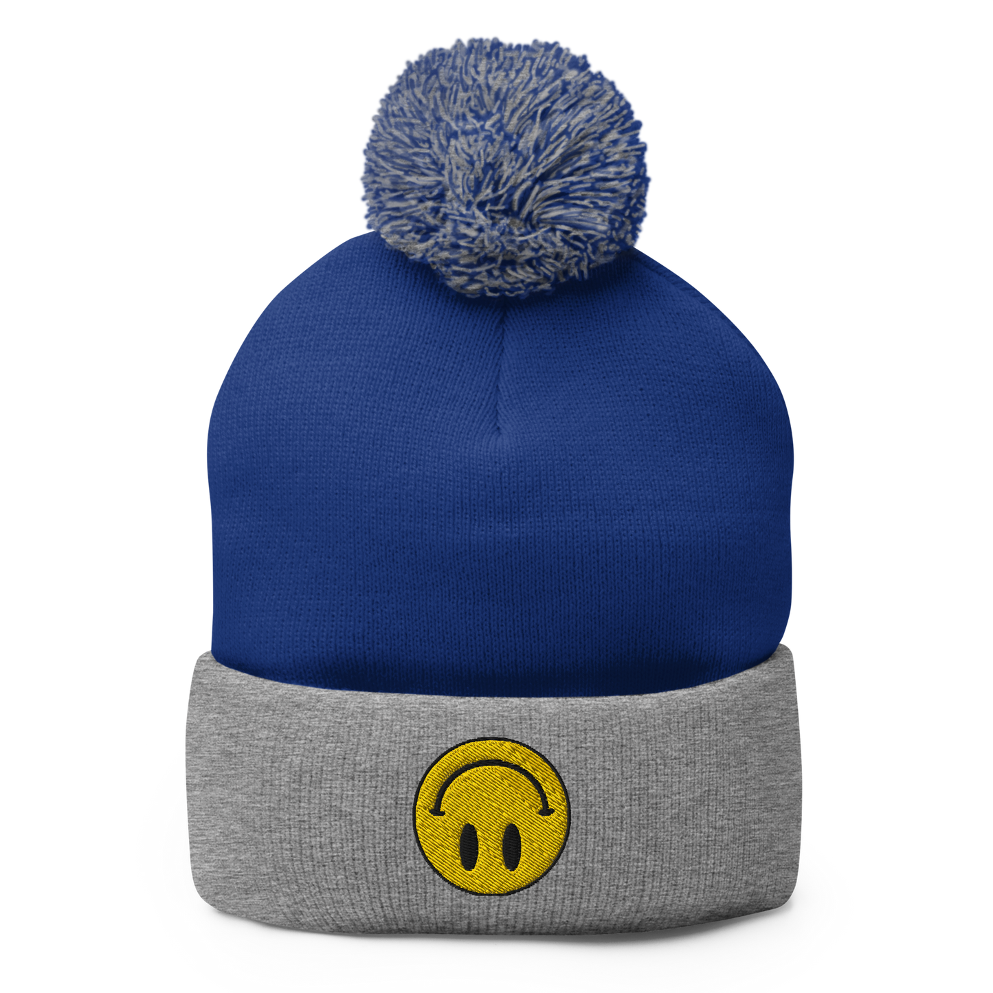 Upside Down Smiley pom-pom beanie