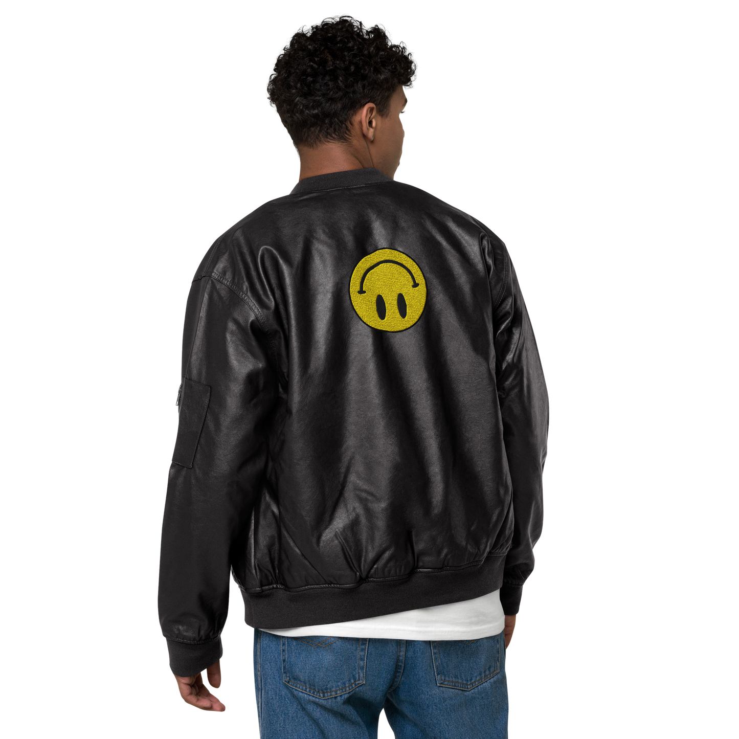 Upside Down Smiley leather bomber jacket (unisex)