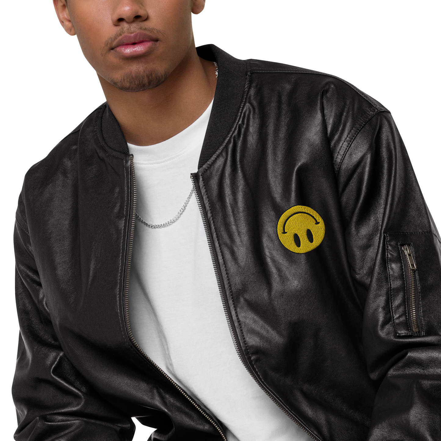 Upside Down Smiley leather bomber jacket (unisex)