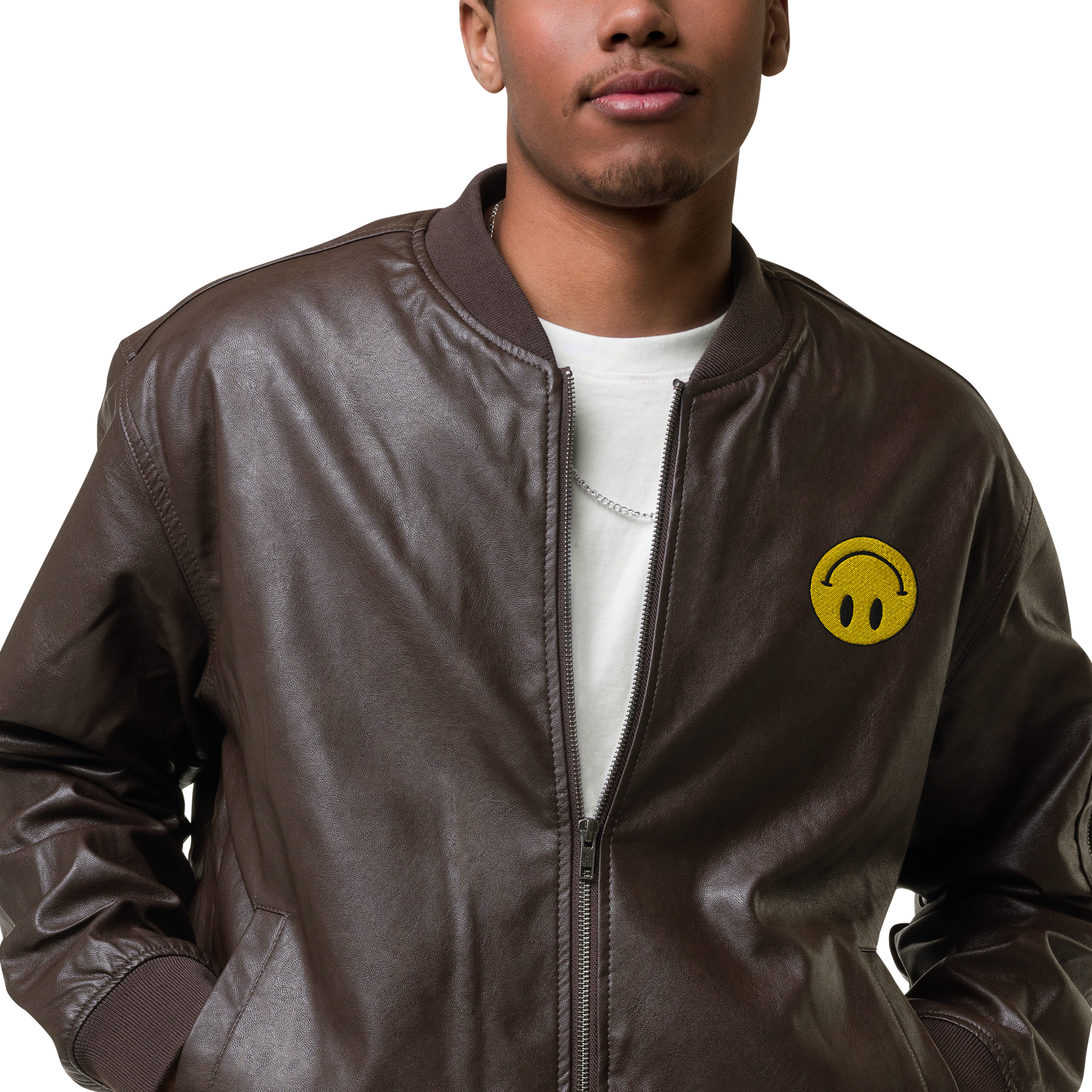 Upside Down Smiley leather bomber jacket (unisex)