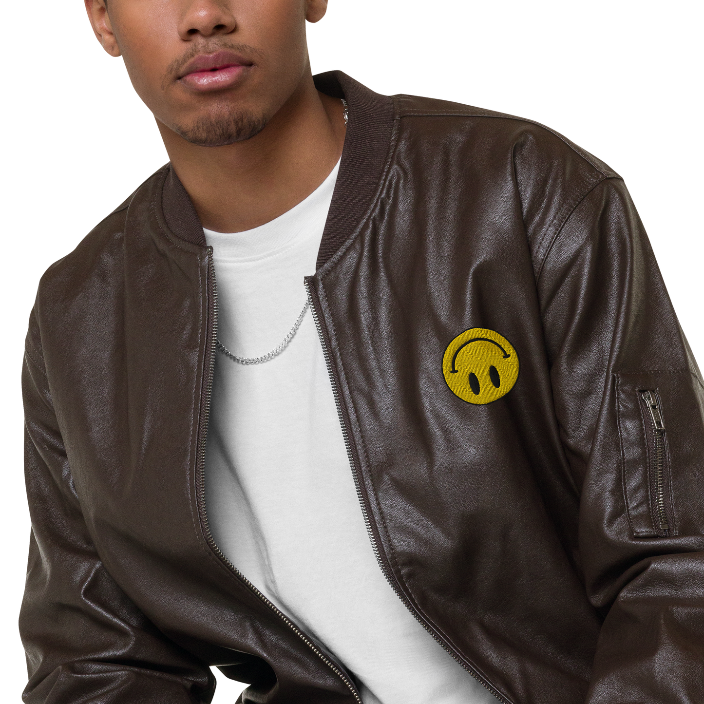 Upside Down Smiley leather bomber jacket (unisex)