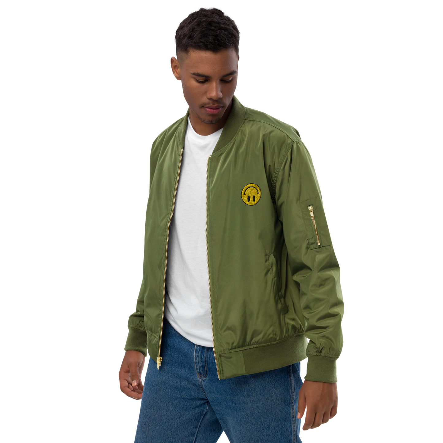 Upside Down Smiley premium recycled bomber jacket (unisex)