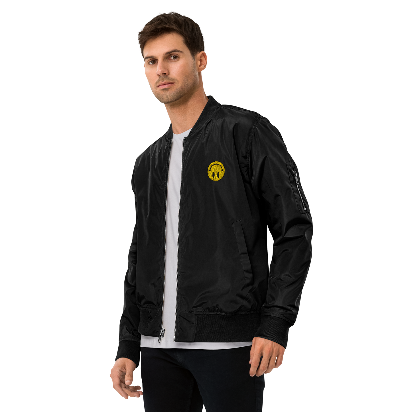 Upside Down Smiley premium recycled bomber jacket (unisex)