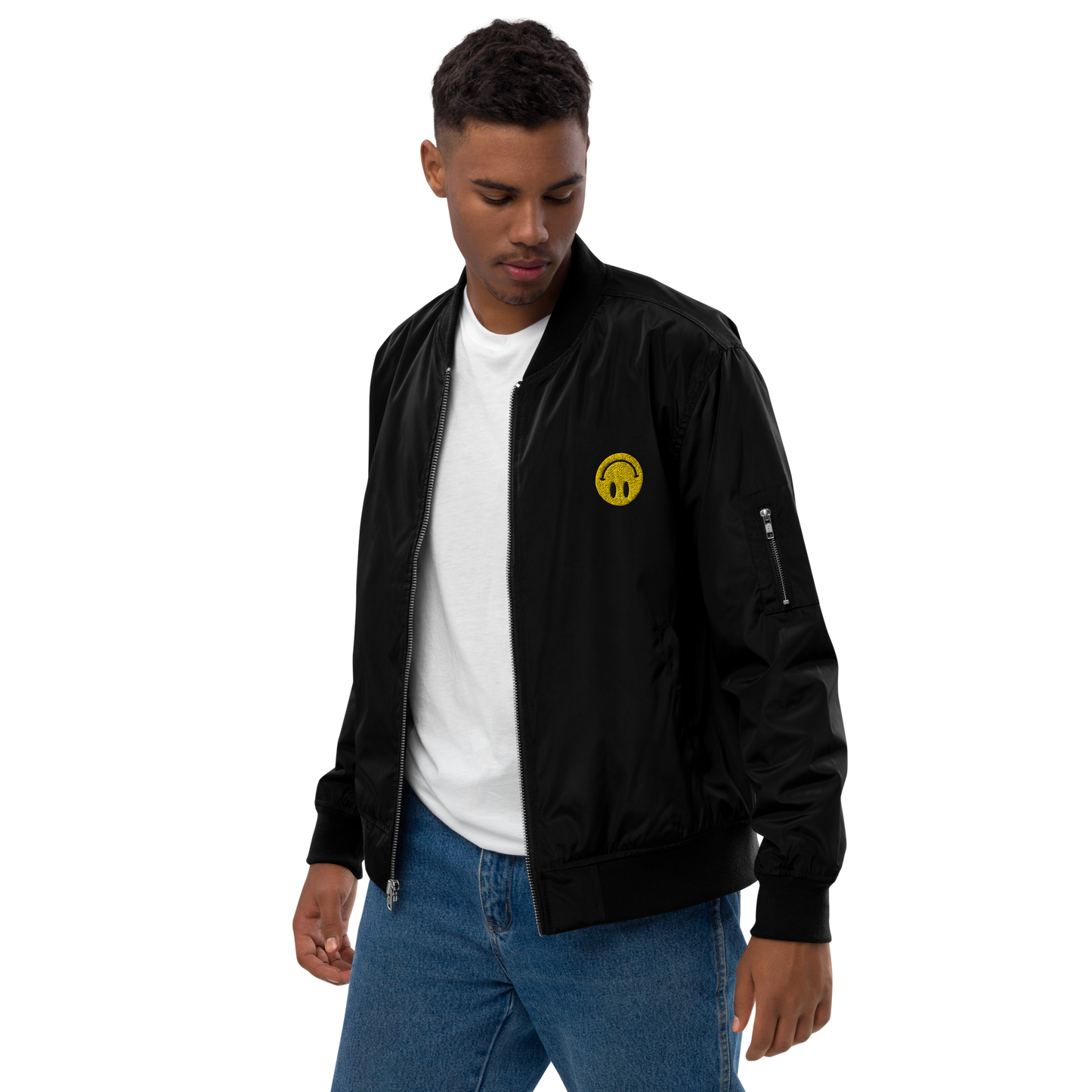 Upside Down Smiley premium recycled bomber jacket (unisex)