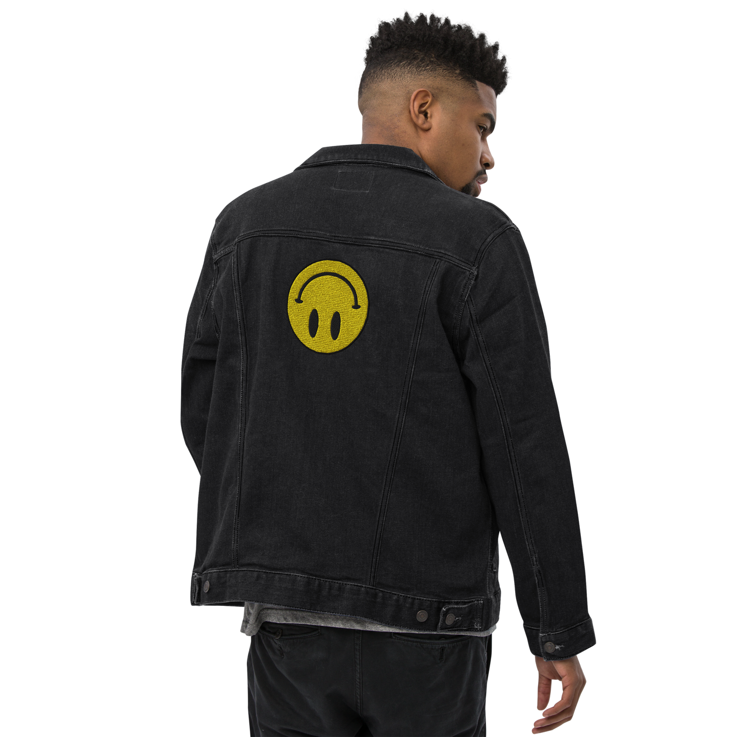 Upside Down Smiley embroidered denim jacket (unisex)