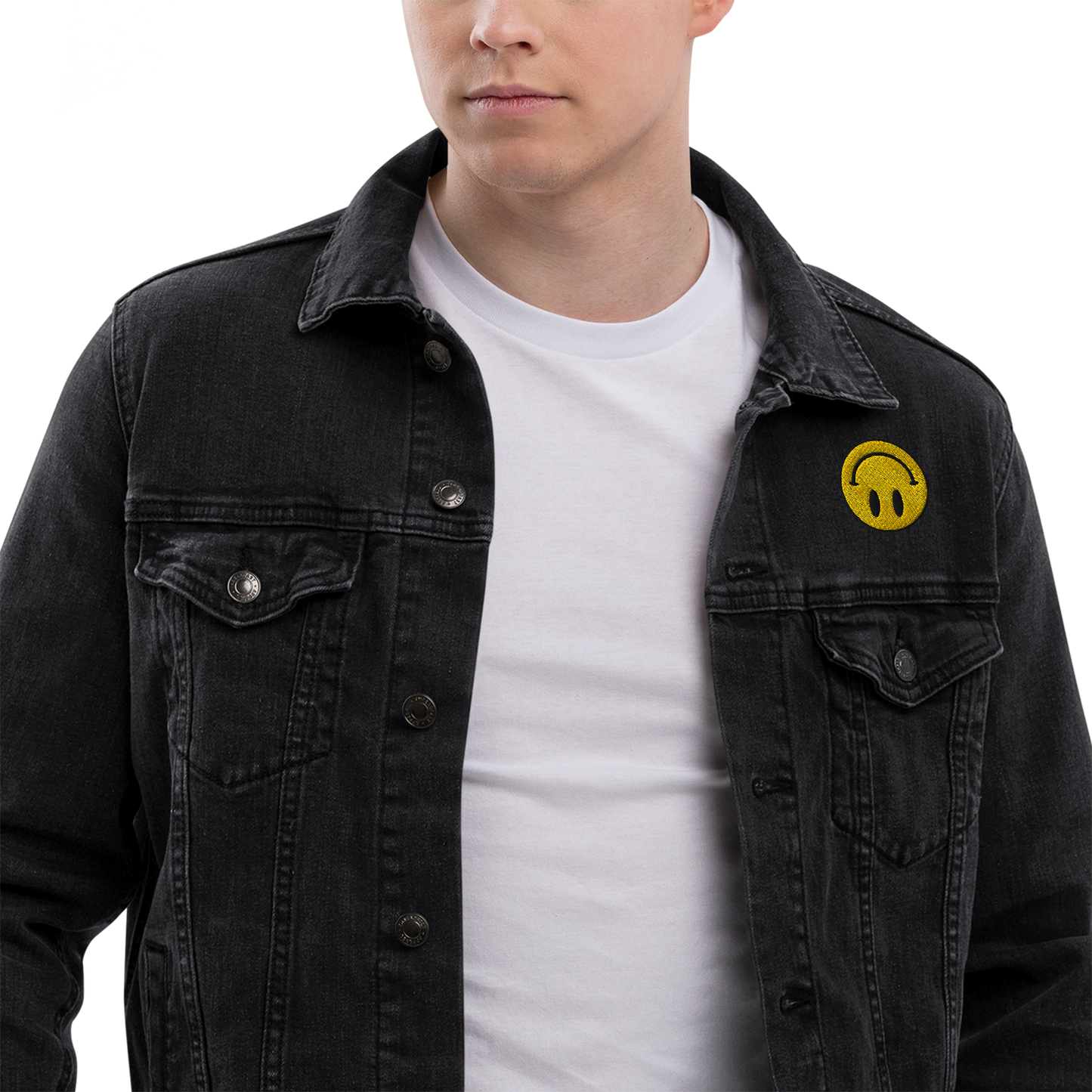 Upside Down Smiley embroidered denim jacket (unisex)