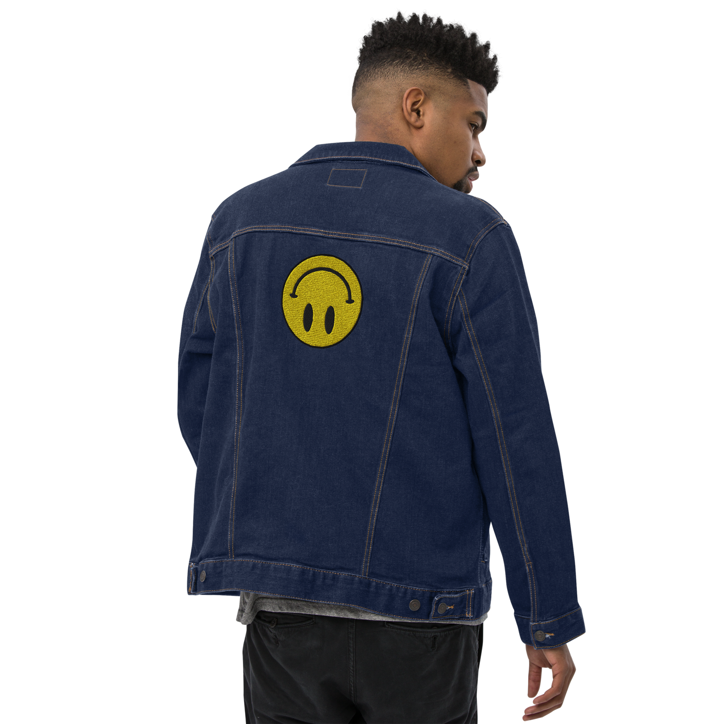 Upside Down Smiley embroidered denim jacket (unisex)